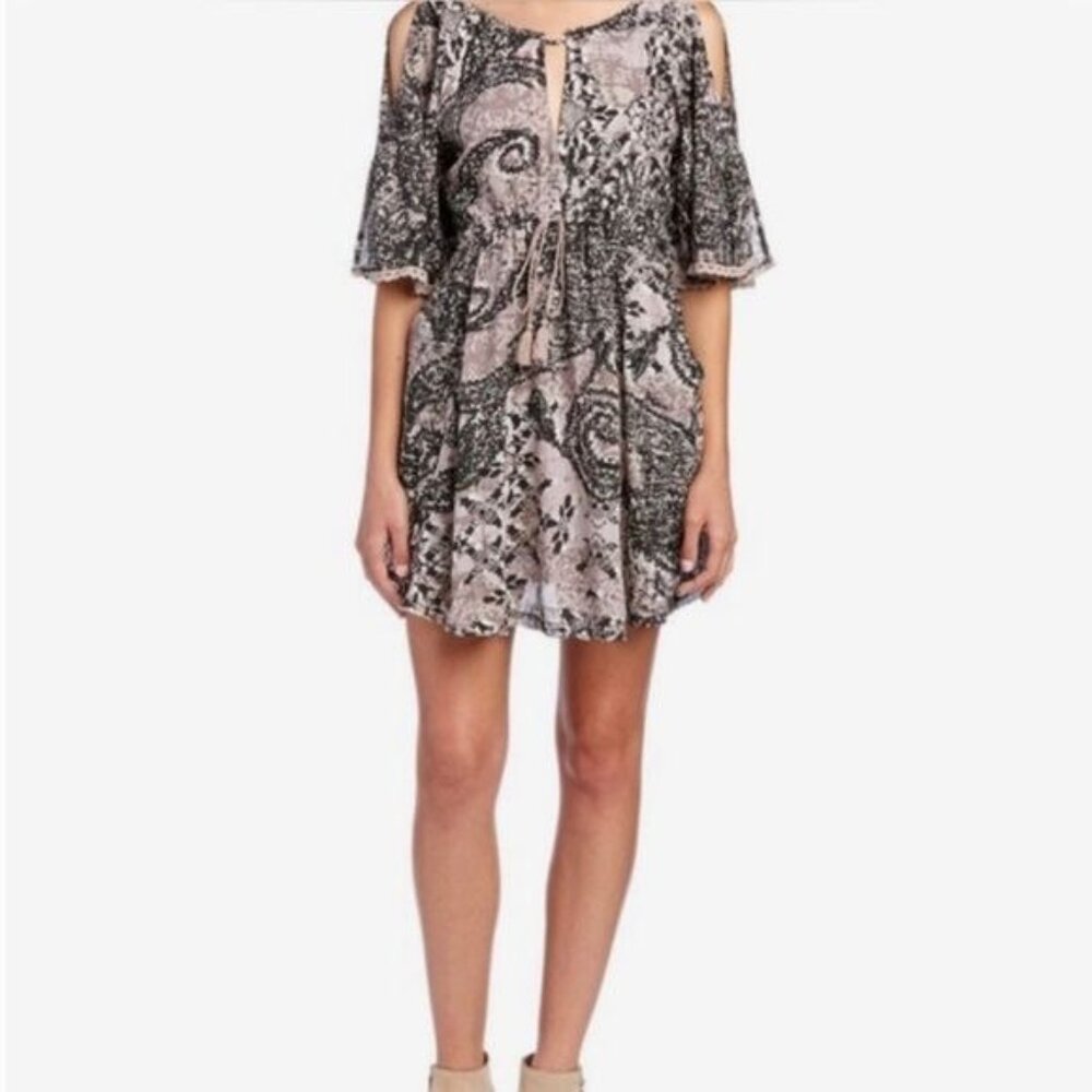 NWT Free People Crochet Lace Trim Cold Shoulder Mini Dress | Boho Coquette Fairy - Picture 14 of 16
